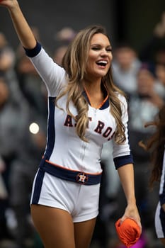 Houston, Texas, USA - November 22, 2018 The H-E-B Thanksgiving Day Parade, Cheerleaders from the Astros Baseball team giving spectators free shirts