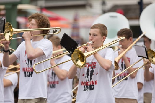 Frankenmuth, Michigan, USA - June 10, 2018 Members of the Frankenmuth High School Band perform at the Bavarian Festival Parade.