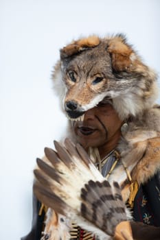 Milwaukee, Wisconsin, USA - September 8, 2018 The Indian Summer Festival Man wearing traditional native american clothing at the pow wow competition.