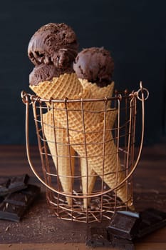 Waffled cones in basket with rich dark chocolate ice cream
