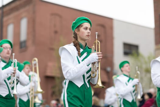 Holland, Michigan, USA - May 12, 2018 Members of the Illiana Christian H.S. from Lansing, Illinois perform at the Muziek Parade, during the Tulip Time Festival