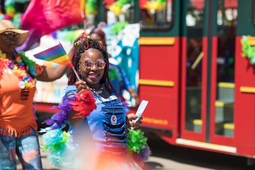 Chicago, Illinois, USA - June 24, 2018: the LGBTQ Pride Parade, People wearing colorfull outfits, celebrating on the streets of Chicago