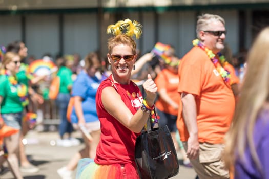 Chicago, Illinois, USA - June 24, 2018: the LGBTQ Pride Parade, People wearing colorfull outfits, celebrating on the streets of Chicago