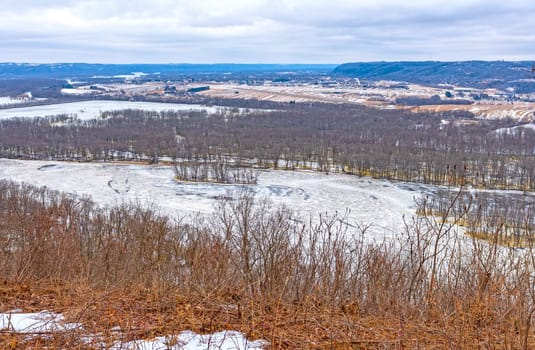Frozen Wisconsin River in Winter from its Bluffs in Wyalusing State Park in Wisconsin