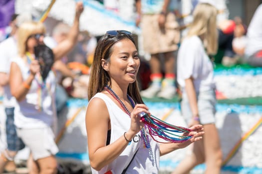 Chicago, Illinois, USA - June 24, 2018: the LGBTQ Pride Parade, People wearing colorfull outfits, celebrating on the streets of Chicago