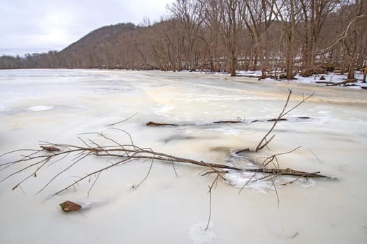 Frozen Water in a River Bayou on the Mississippi River in Wyalusing State Park in Wisconsin