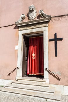 View of the great simplicity of the facade of the Church of the Flamengas (Flemish Nuns) at the Convent of Our Lady of Quietude, in Alcantara, Lisbon, Portugal