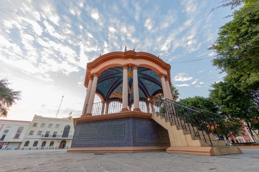 Quiosco in Main Plaza Miguel Hidalgo Matamoros with wide-angle lens.