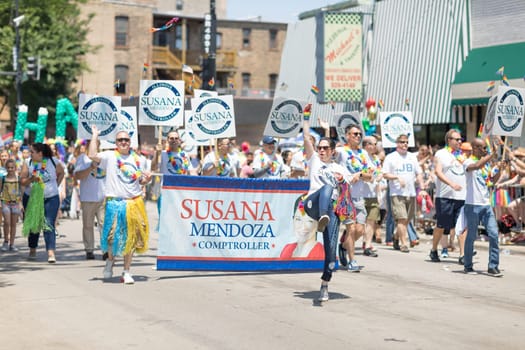 Chicago, Illinois, USA - June 24, 2018 People Promoting Susana Mendoza during the LGBTQ Pride Parade in Chicago