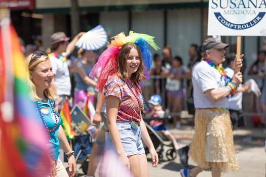 Chicago, Illinois, USA - June 24, 2018 People Promoting Susana Mendoza during the LGBTQ Pride Parade in Chicago