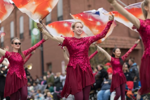 Holland, Michigan, USA - May 12, 2018 The Wildcats Mattawan Marching band at the Muziek Parade, during the Tulip Time Festival