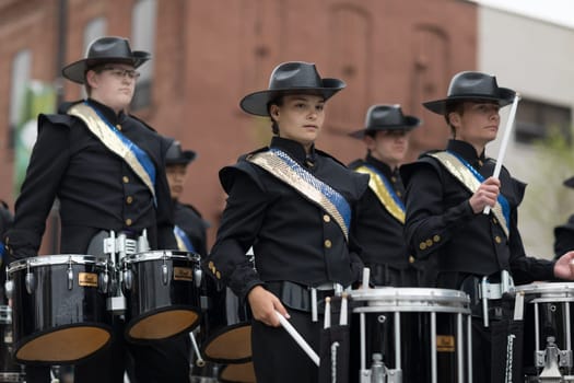 Holland, Michigan, USA - May 12, 2018 The Wildcats Mattawan Marching band at the Muziek Parade, during the Tulip Time Festival