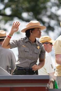 Washington, D.C., USA - July 4, 2018, The National Independence Day Parade, Members of the National Park Service, on a float, going down constitution avenue
