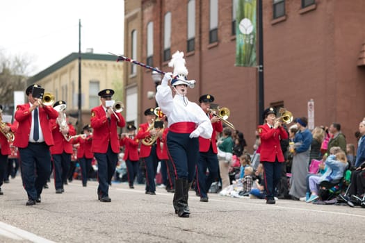 Holland, Michigan, USA - May 12, 2018 Members of the Holland American Legion Band, Established - 1920 perform at the Muziek Parade, during the Tulip Time Festival