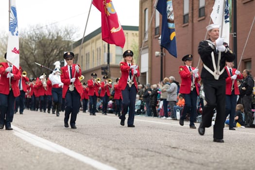 Holland, Michigan, USA - May 12, 2018 Members of the Holland American Legion Band, Established - 1920 perform at the Muziek Parade, during the Tulip Time Festival