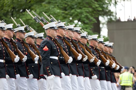 Washington, D.C., USA - July 4, 2018, Members of the US Marine Corps with rifles marching at the National Independence Day Parade