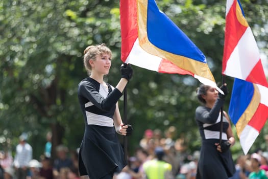 Washington, D.C., USA - July 4, 2018, The National Independence Day Parade, The Bulldog Marching Band and Colorguard from Bedford High School, New Hampshire