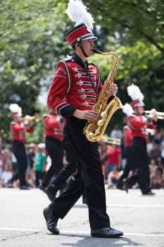 Washington, D.C., USA - July 4, 2018, The National Independence Day Parade, The Bulldog Marching Band and Colorguard from Bedford High School, New Hampshire