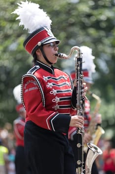 Washington, D.C., USA - July 4, 2018, The National Independence Day Parade, The Bulldog Marching Band and Colorguard from Bedford High School, New Hampshire