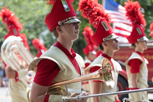 Washington, D.C., USA - July 4, 2018, The National Independence Day Parade, The Henry Sibley High School, MArching Warriors, from Mendota Heights, Minnesota