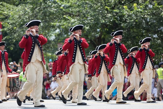 Washington, D.C., USA - July 4, 2018, The National Independence Day Parade, The Old Guard Fife and Drum Corps marching down Constitution Avenue