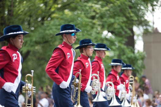 Washington, D.C., USA - July 4, 2018, The National Independence Day Parade, The Pulaski Blue Devils marching band, from Pulaski, New York