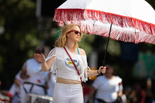 Washington, D.C., USA - September 29, 2018: The Fiesta DC Parade, Members of Batala Washington DC perform at the parade