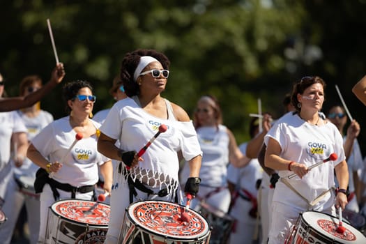 Washington, D.C., USA - September 29, 2018: The Fiesta DC Parade, Members of Batala Washington DC perform at the parade