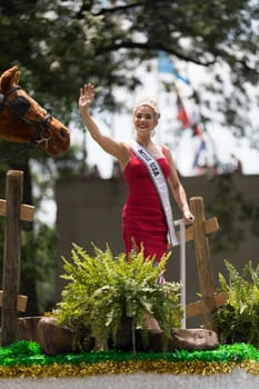 Washington, D.C., USA - July 4, 2018, The National Independence Day Parade, Miss USA on a float, going down constitution avenue, during the parade