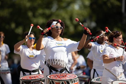 Washington, D.C., USA - September 29, 2018: The Fiesta DC Parade, Members of Batala Washington DC perform at the parade