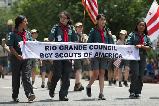 Washington, D.C., USA - July 4, 2018, The National Independence Day Parade, Members of the Rio Grande Council Boy Scouts Of America, going down constitution avenue
