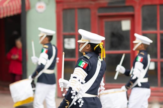 Matamoros, Tamaulipas, Mexico - November 20, 2018: The November 20 Parade, Marching Band with military Style uniform performing at the parade