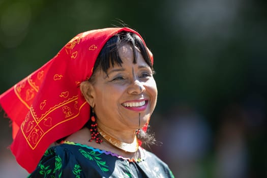 Washington, D.C., USA - September 29, 2018: The Fiesta DC Parade, Woman wearing traditional Panamanian clothing dancing