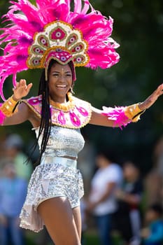 Washington, D.C., USA - September 29, 2018: The Fiesta DC Parade, Woman wearing traditional Panamanian clothing dancing