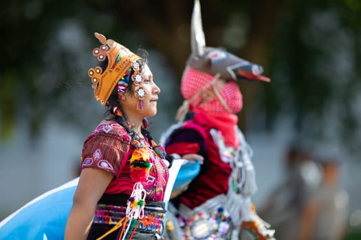 Washington, D.C., USA - September 29, 2018: The Fiesta DC Parade, Man and woman from guatemala wearing traditional guatemalan clothing