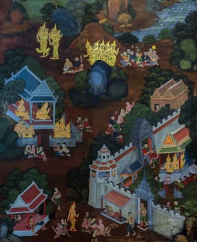 BANGKOK ,THAILAND - NOVEMBER 5, 2014 : Ancient Buddhist temple mural painting of the life of Buddha inside of Wat Kalayanamitr Varamahavihara in Bangkok, Thailand