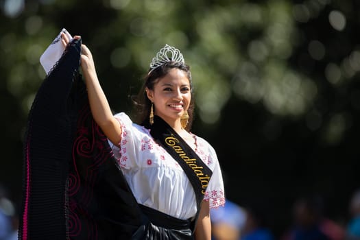 Washington, D.C., USA - September 29, 2018: The Fiesta DC Parade, Peruvian woman beauty queen wearing traditional clothing