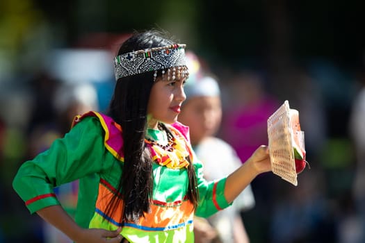 Washington, D.C., USA - September 29, 2018: The Fiesta DC Parade, peruvian girl wearing traditional clothing danicng during the parade