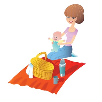 Young mother with baby on a picnic. Basket food stand on the Mat