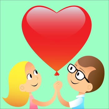Love with a boy and a girl with a balloon in the shape of a red heart