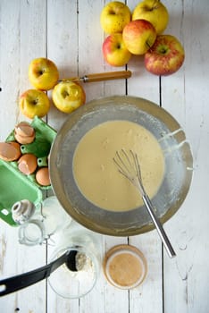 preparation of pancake batter with various ingredients