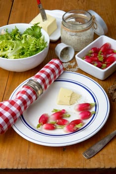 plate with radish and butter on a table
