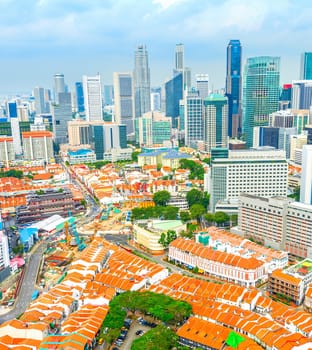 Aerial cityscape of Singapore downtown of modern architecture with skyscrapers, chinatown district below