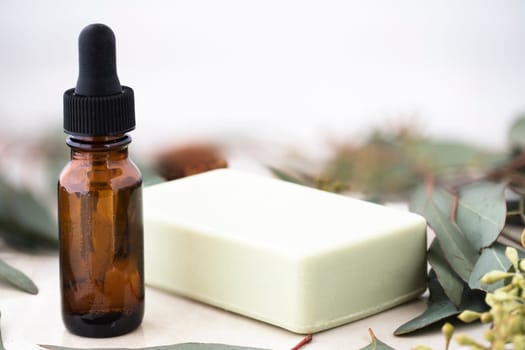 Bottle of eucalyptus oil with bar of soap and leaves.