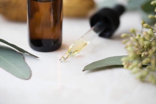 Dropper full of eucalyptus oil with leaves and bottle surrounding it.