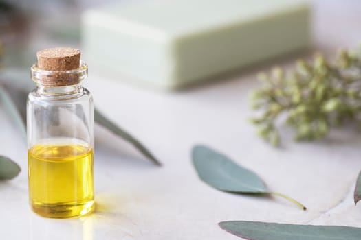 Eucalyptus oil in small bottle with leaves and soap in background.