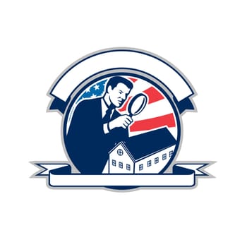 Icon retro style illustration of an American home inspector with magnifying glass and United States of America USA star spangled banner or stars and stripes flag inside circle isolated background.