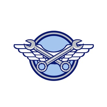 Icon retro style illustration of a crossed spanner or wrench and air force, aviator or army wings set inside circle on isolated background.