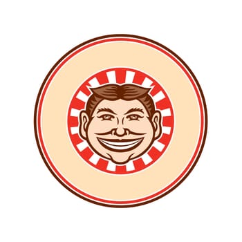Mascot icon illustration of head of a grinning, leering, smiling funny face slyly beaming mug with hair parted in middle viewed from front with sunburst set inside circle on isolated background in retro style.