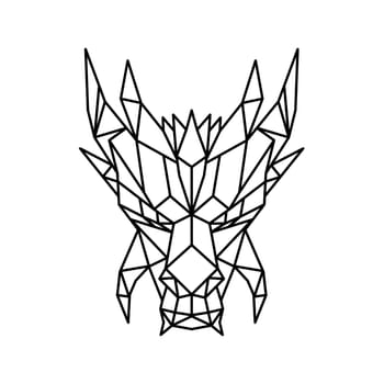Low polygon style illustration of a head of a dragon, a serpent-like legendary creature that appears in folklore of many cultures viewed from front on isolated background in black and white.